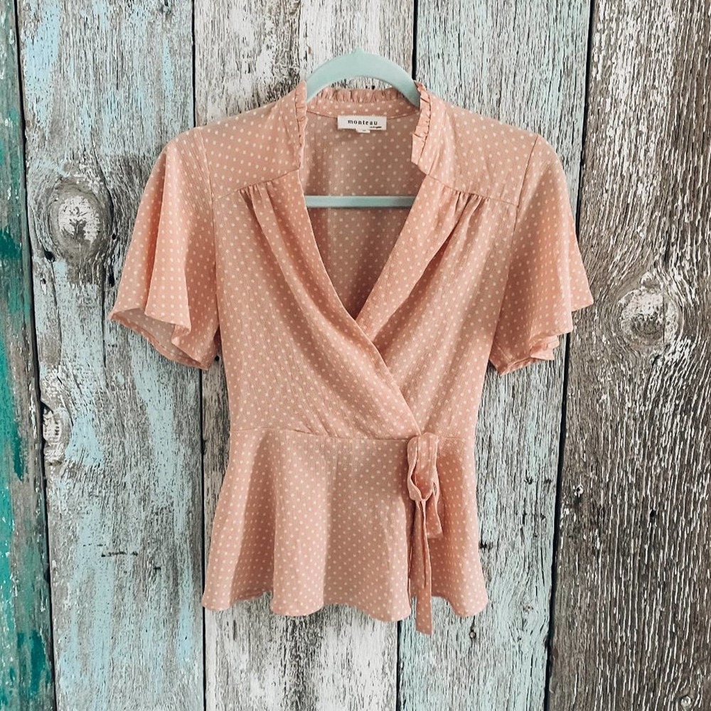 Monteau Faux Wrap Polka Dot Blouse Pink Small